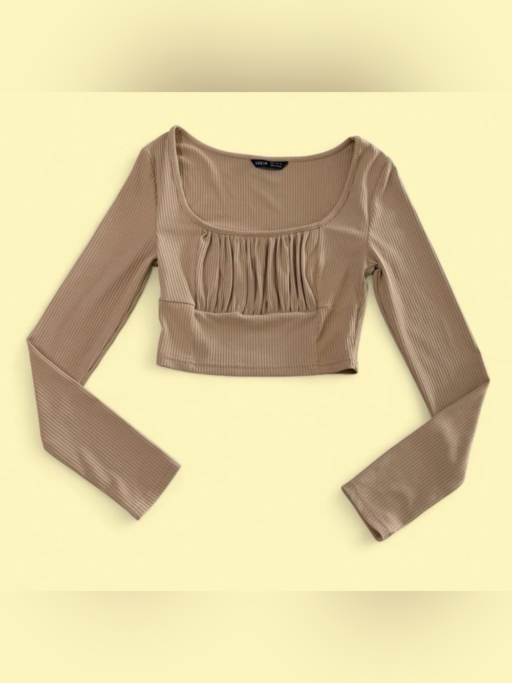 SHEIN Taupe Ribbed Ruched Scoop-Neck Crop Top.